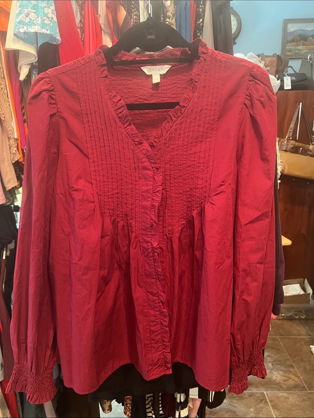 crown & ivy Red Pintuck Ruffle-Trim Button Down Blouse